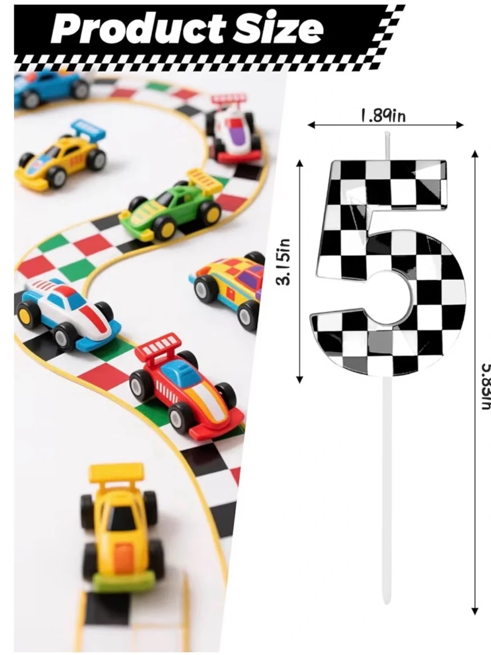 Racing Cars Themed Birthday Candle Number 5 Checkered 5, Black+White